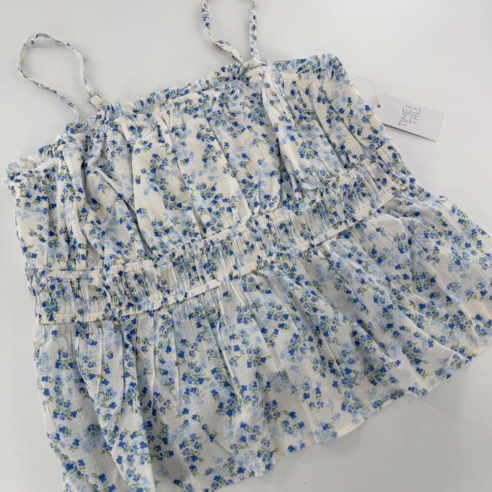 Time and Tru Floral Peplum Cami Tank Top Modern Women Size L 12-14 White Blue‎